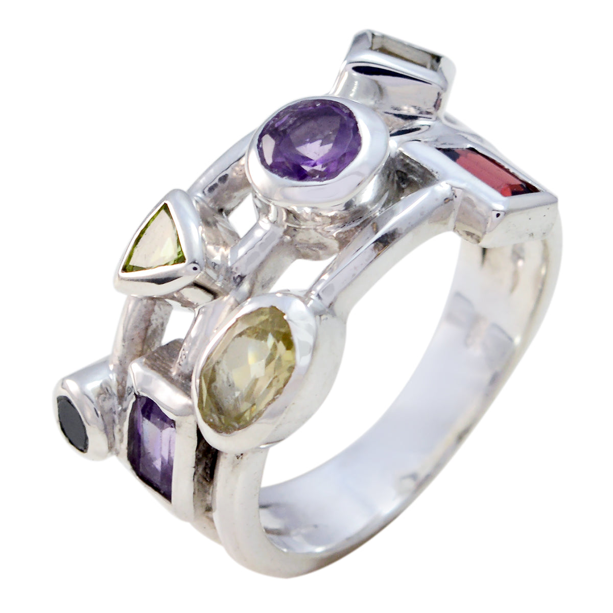 Scarlett multicolor gemstone cocktail ring with various shaped colorful stones set in silver band