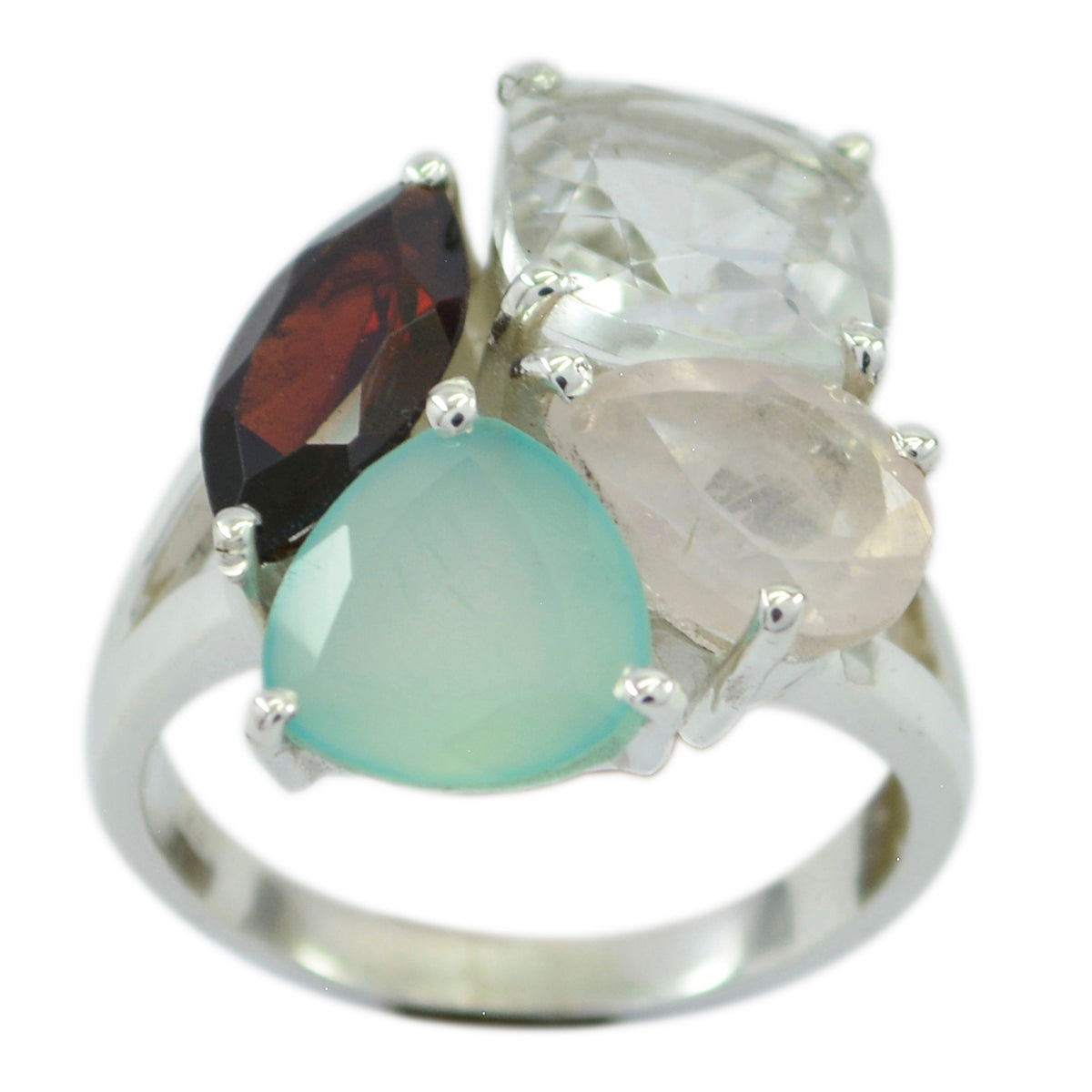 Yasmine multicolor gemstone cocktail ring with blue, red, clear, and light pink stones set in silver band