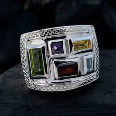 Ida multicolor gemstone cocktail ring with rectangular stones set in textured silver band