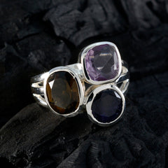 Riya multicolor gemstone cocktail ring with three distinct polished stones set in silver band