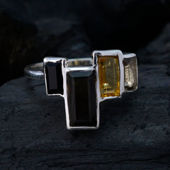Hana multicolor gemstone cocktail ring with rectangular black and yellow stones in silver setting