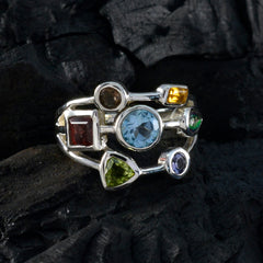 Charlotte multicolor gemstone cocktail ring with various shaped stones in silver setting