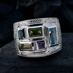 Lorena multicolor gemstone cocktail ring with rectangular stones set in textured silver band