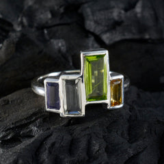 Kristine multicolor gemstone cocktail ring with rectangular green, gray, purple, and amber stones in silver setting