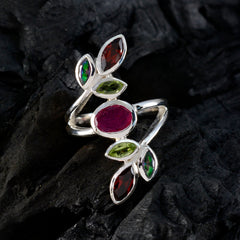 Audrey multicolor gemstone cocktail ring with red, green, and purple stones set in silver band