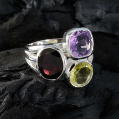 Camila multicolor gemstone cocktail ring with three faceted purple red and yellow stones on sterling silver band