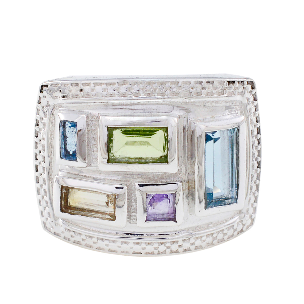 Lorena multicolor gemstone cocktail ring with rectangular and square stones in silver setting