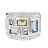 Lorena multicolor gemstone cocktail ring with rectangular and square stones in silver setting