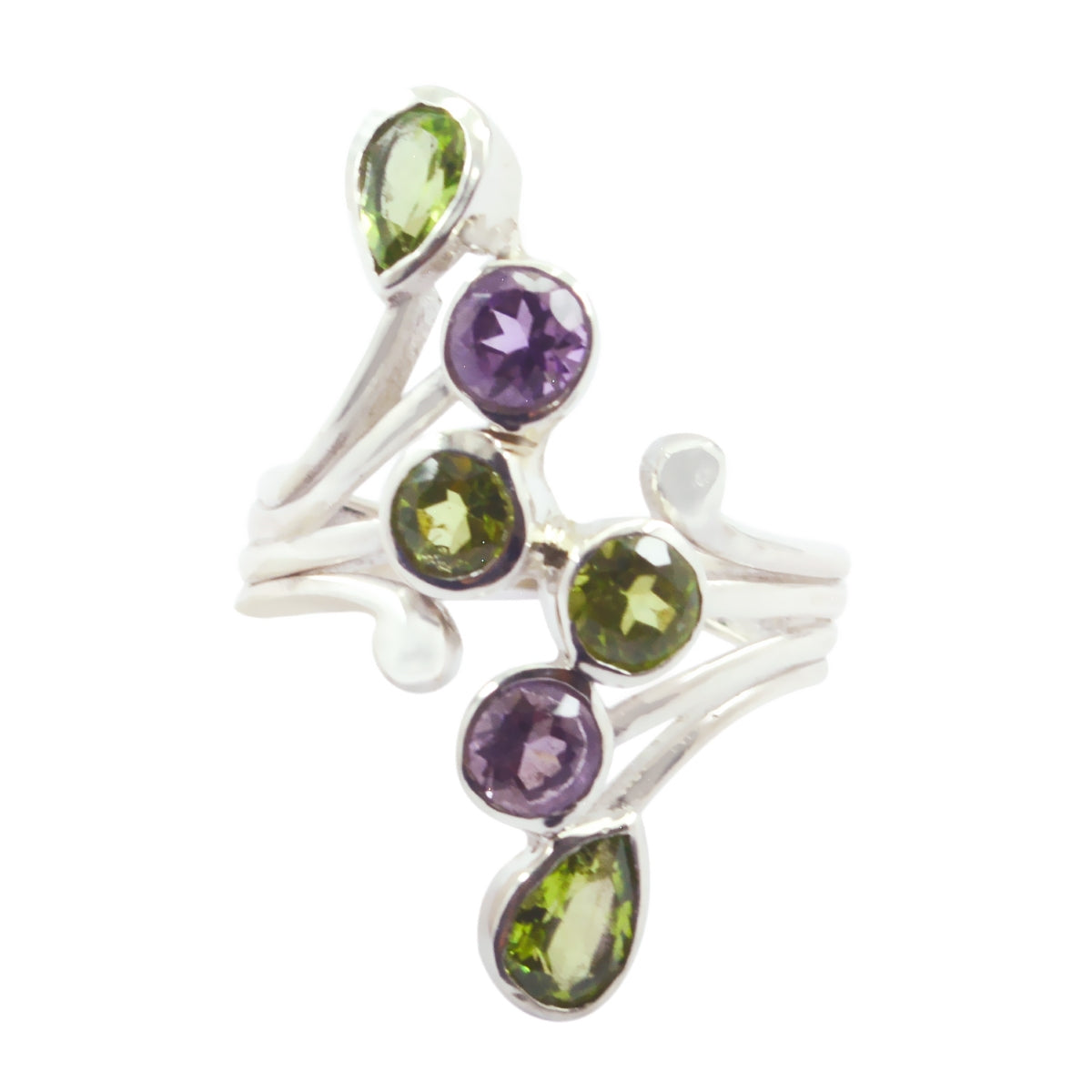 Nora multicolor gemstone cocktail ring with purple and green stones set in silver band