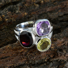 Camila silver ring with purple amethyst green peridot and deep red garnet multicolor gemstone cocktail ring