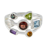 Camilla multicolor gemstone cocktail ring with round, square, and triangular stones in silver setting