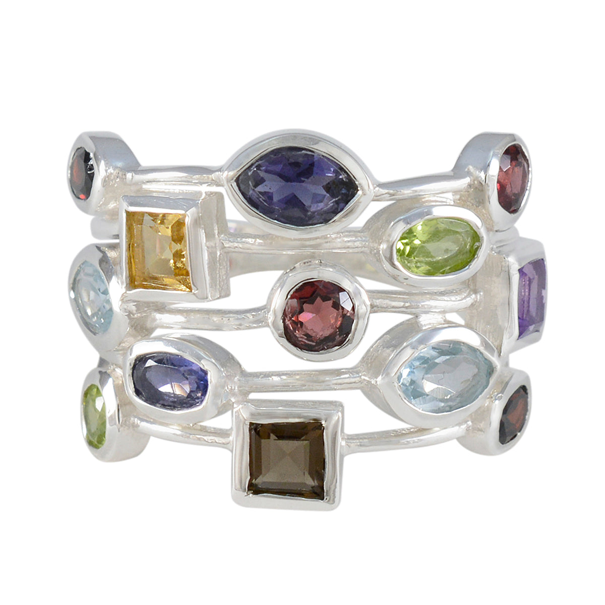 Angel multicolor gemstone cocktail ring with various shaped colorful gemstones set in silver band