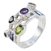 Sarah multicolor gemstone cocktail ring with various oval and rectangular stones set in silver band