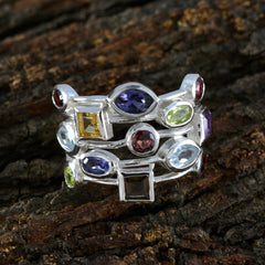 Angel multicolor gemstone cocktail ring with various shaped colorful stones set in silver band