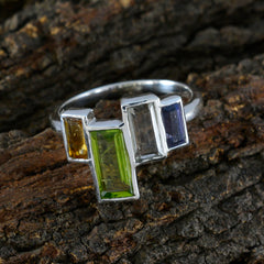 Kristine multicolor gemstone cocktail ring with yellow, green, clear, and blue rectangular stones set in silver