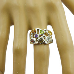 Maria silver multicolor gemstone cocktail ring featuring assorted round square and triangle stones on hand