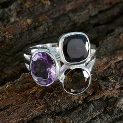 Siti multicolor gemstone cocktail ring with purple, dark red, and smoky stones set in silver