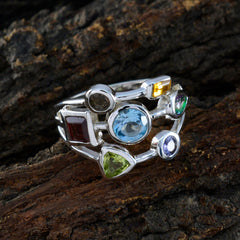 Charlotte multicolor gemstone cocktail ring with various shaped stones set in silver band