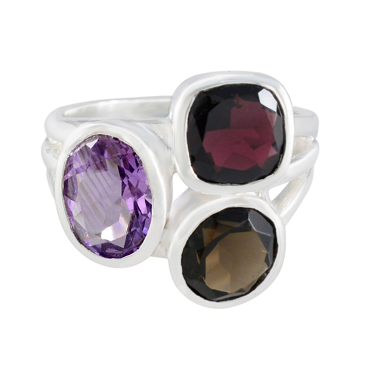 Siti multicolor gemstone cocktail ring with purple, red, and brown stones set in silver band