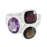 Siti multicolor gemstone cocktail ring with purple, red, and brown stones set in silver band