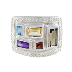 Lourdes multicolor gemstone cocktail ring with rectangular blue, yellow, purple, red, and smoky stones set in silver