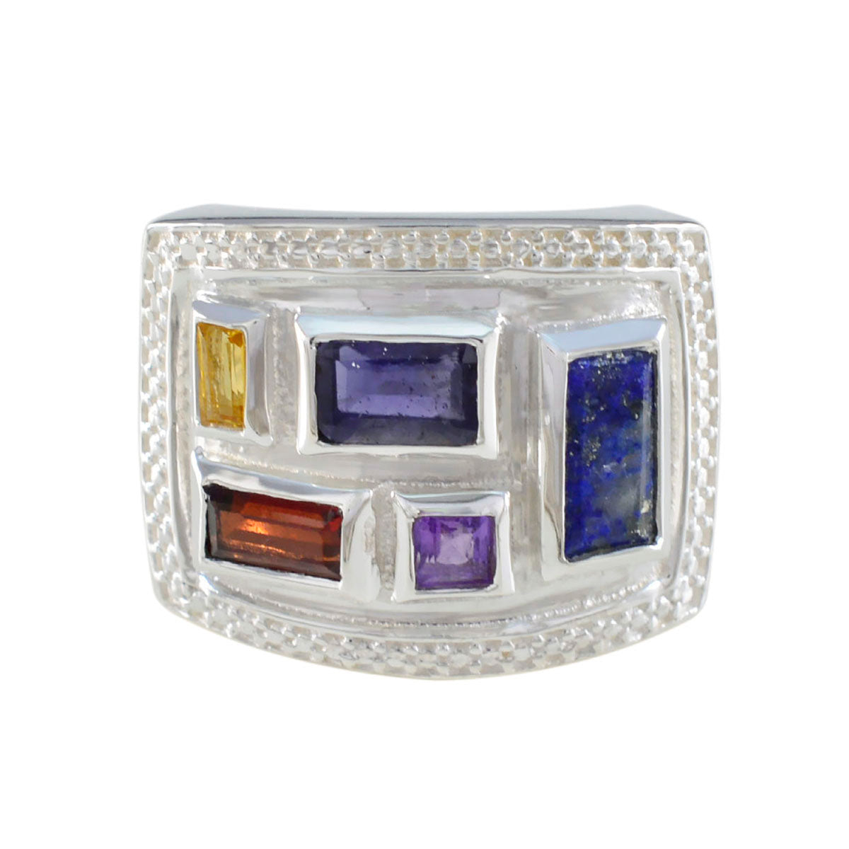Isabel multicolor gemstone cocktail ring with rectangular blue, purple, yellow, and orange stones set in silver