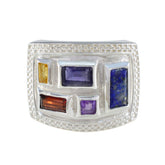 Isabel multicolor gemstone cocktail ring with rectangular blue, purple, yellow, and orange stones set in silver