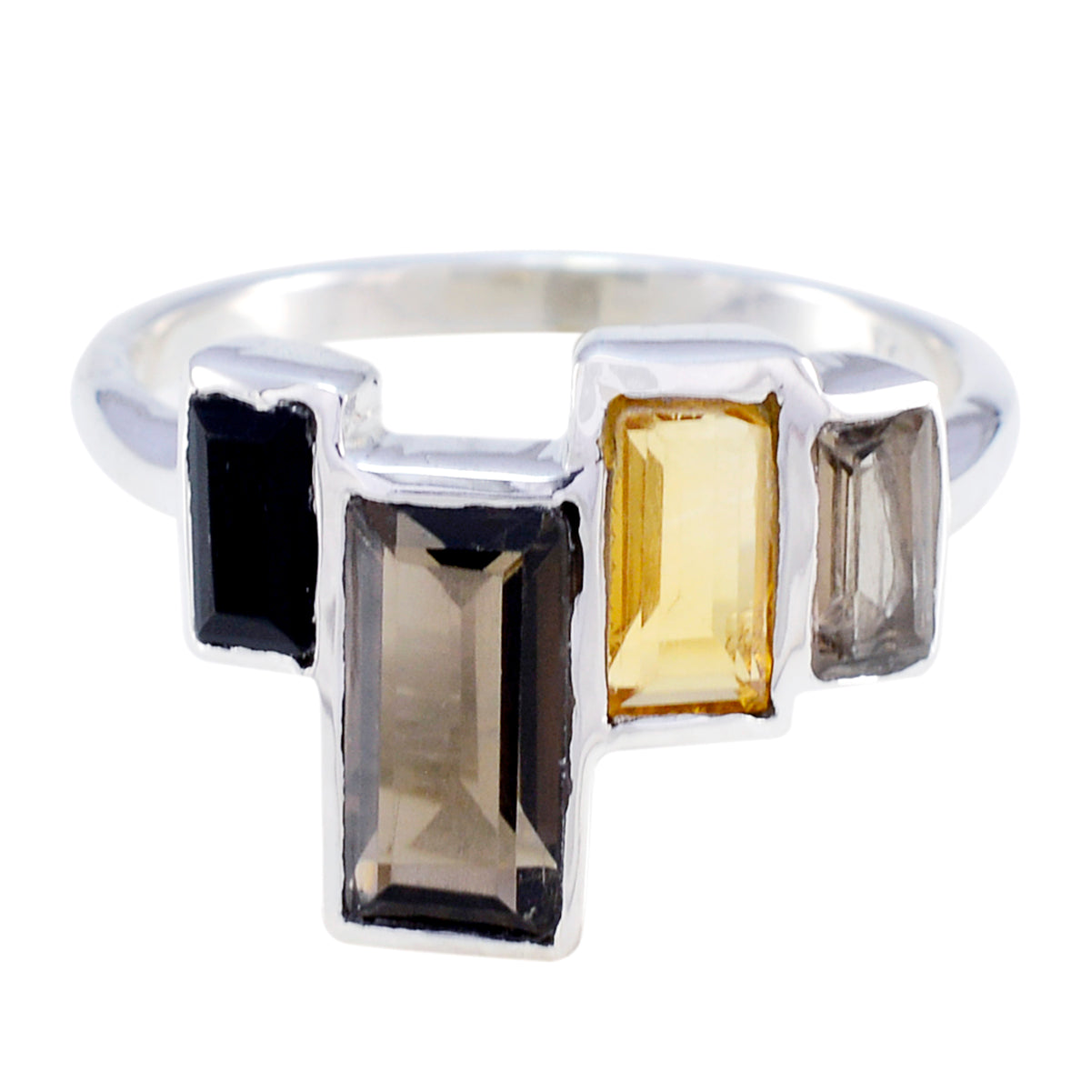 Hana multicolor gemstone cocktail ring with rectangular black, yellow, and smoky stones set in silver band