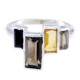Hana multicolor gemstone cocktail ring with rectangular black, yellow, and smoky stones set in silver band