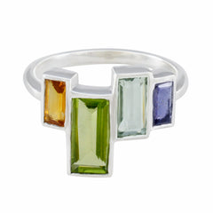 Kristine multicolor gemstone cocktail ring with green, blue, yellow, and purple rectangular stones set in silver