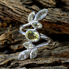 Valentina multicolor gemstone cocktail ring in sterling silver with pale green marquise and oval stones leaf motif