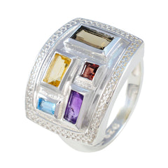Lourdes multicolor gemstone cocktail ring with rectangular stones set in textured silver band