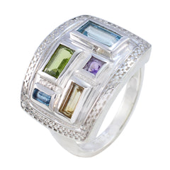Lorena silver multicolor gemstone cocktail ring with rectangular green, blue, purple, and yellow stones