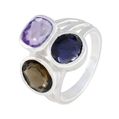 Riya multicolor gemstone cocktail ring with purple, blue, and brown stones set in silver band