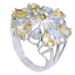 Bella multicolor gemstone cocktail ring with pear-shaped stones set in silver filigree band