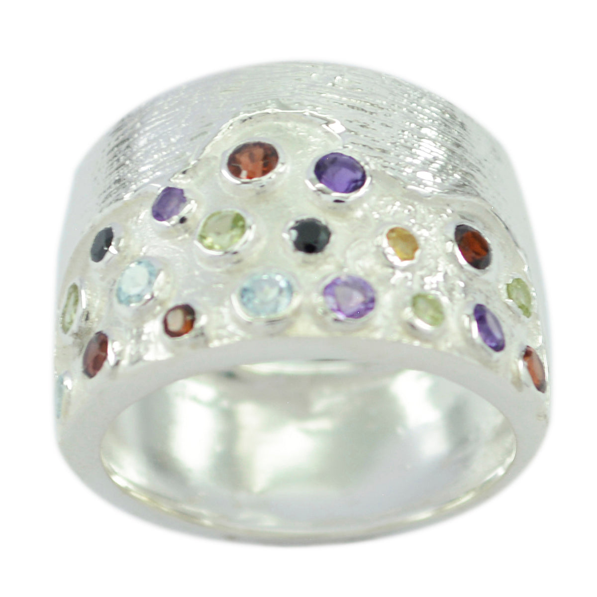 Micaela multicolor gemstone cocktail ring with various colorful stones set on wide silver band