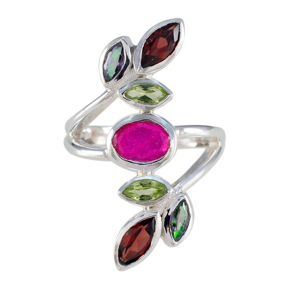 Audrey multicolor gemstone cocktail ring with pink, green, and red stones in silver setting