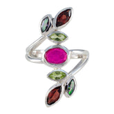 Audrey multicolor gemstone cocktail ring with pink, green, and red stones in silver setting