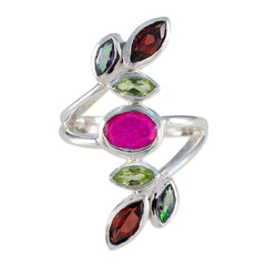 Audrey multicolor gemstone cocktail ring with pink, green, and red stones in silver setting