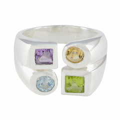 Nora silver multicolor gemstone cocktail ring with purple, yellow, blue, and green stones