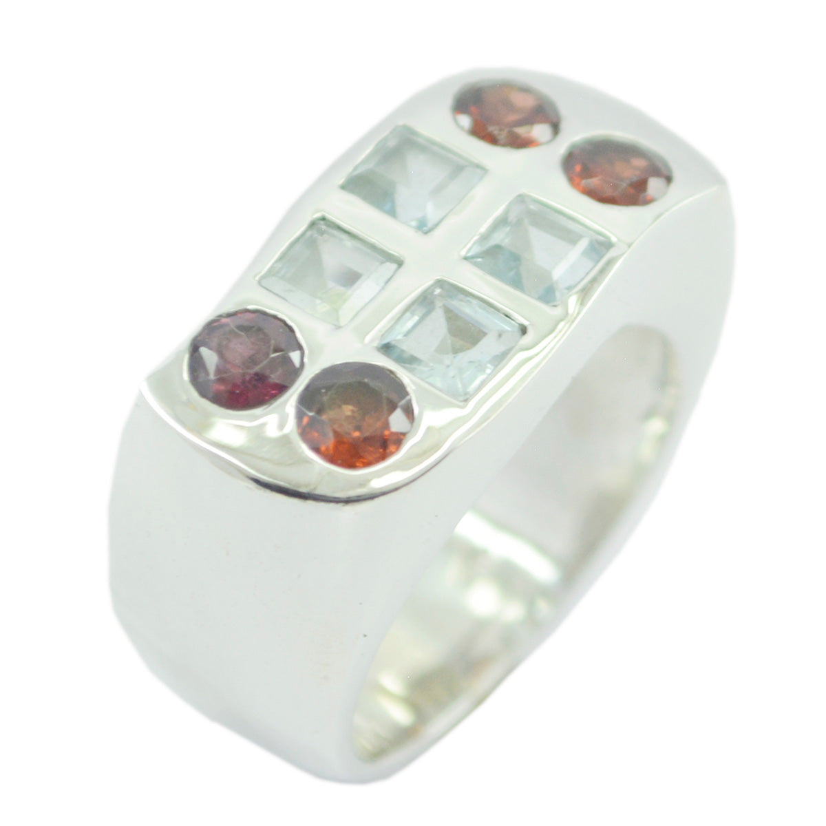 Sofia multicolor gemstone cocktail ring with square and round stones set in silver band