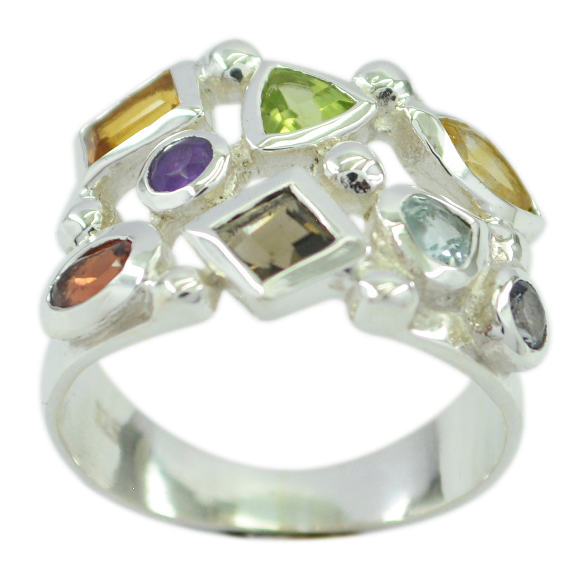Maria sterling silver multicolor gemstone cocktail ring with assorted faceted stones and open gallery