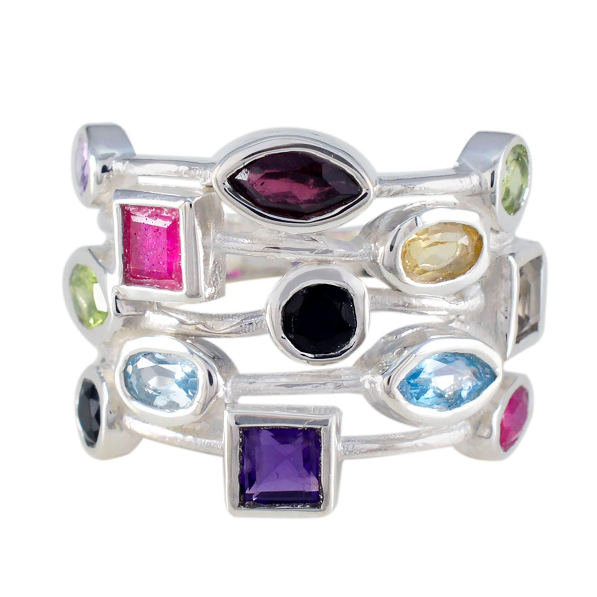 Julia multicolor gemstone cocktail ring with stacked sterling silver bands and mixed cut gemstones