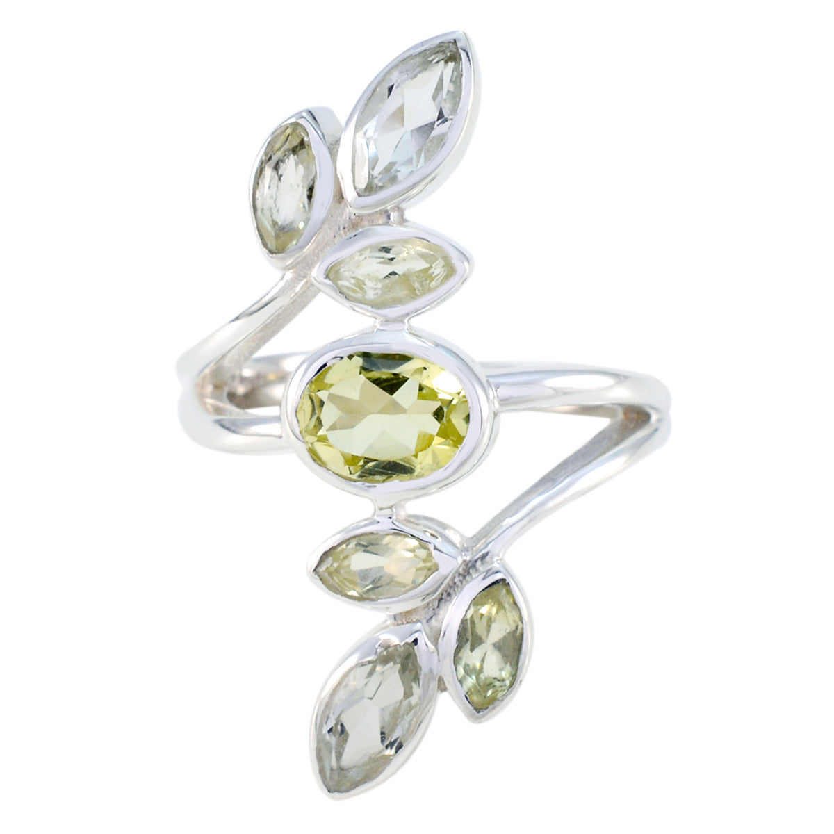 Valentina silver wrap leaf ring with pale green stones multicolor gemstone cocktail ring for evening wear