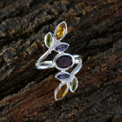 Bianca multicolor gemstone cocktail ring in silver with central dark oval stone and leaf marquise gems