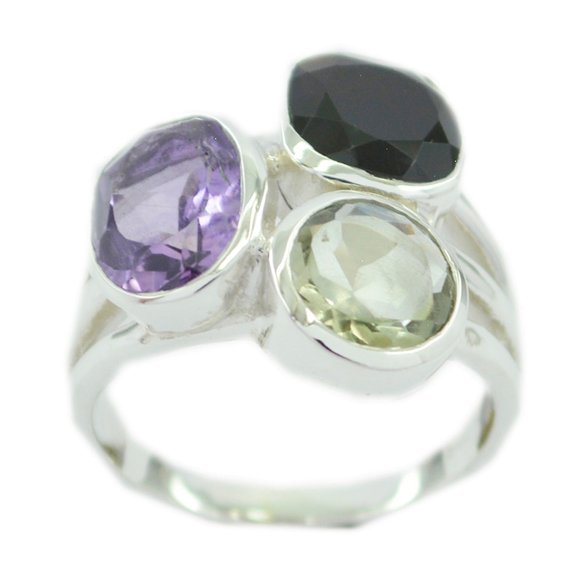 Kristine multicolor gemstone cocktail ring with purple, black, and light green stones in silver setting