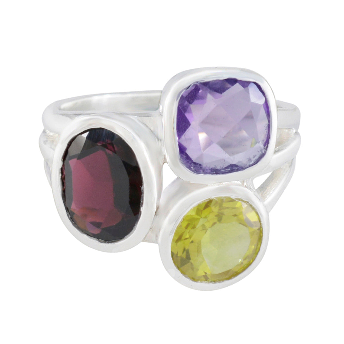 Camila multicolor gemstone cocktail ring sterling silver band with amethyst garnet and peridot