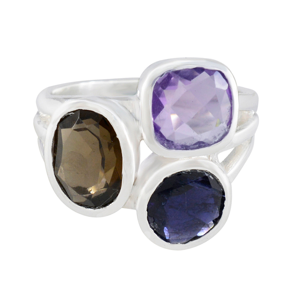 Riya multicolor gemstone cocktail ring with purple, brown, and dark blue stones set in silver band