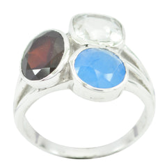 Isabella sterling silver multicolor gemstone cocktail ring with blue white and garnet oval stones