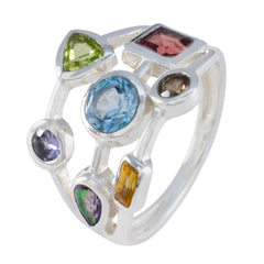 Charlotte multicolor gemstone cocktail ring with various colorful stones set in silver band